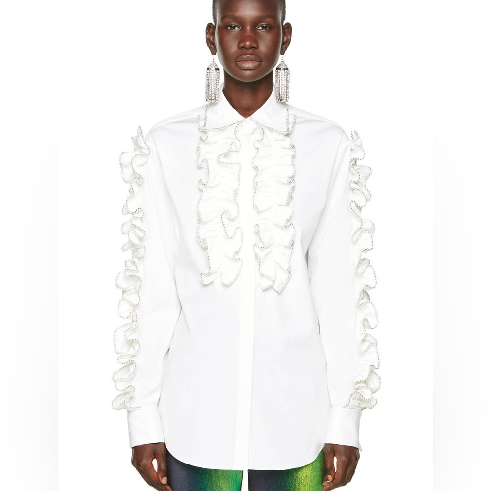 AREA NYC Ruffle Tuxedo Crystal Shirt Small